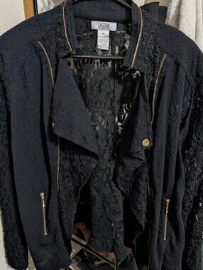 LASeine Viscose Black Lace Sleeve & Knit Open-Front Jacket With Zipper Detail XL